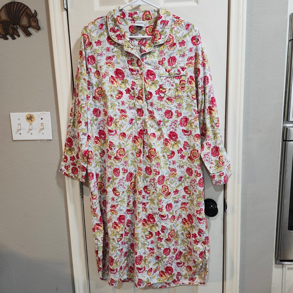 Lands End Womens Red Floral Cotton Nightgown Button Front Sleep Shirt Large L